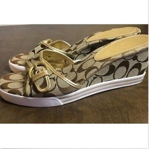 New Coach Perry Wedge Sandals CC Logo Khaki / Gold